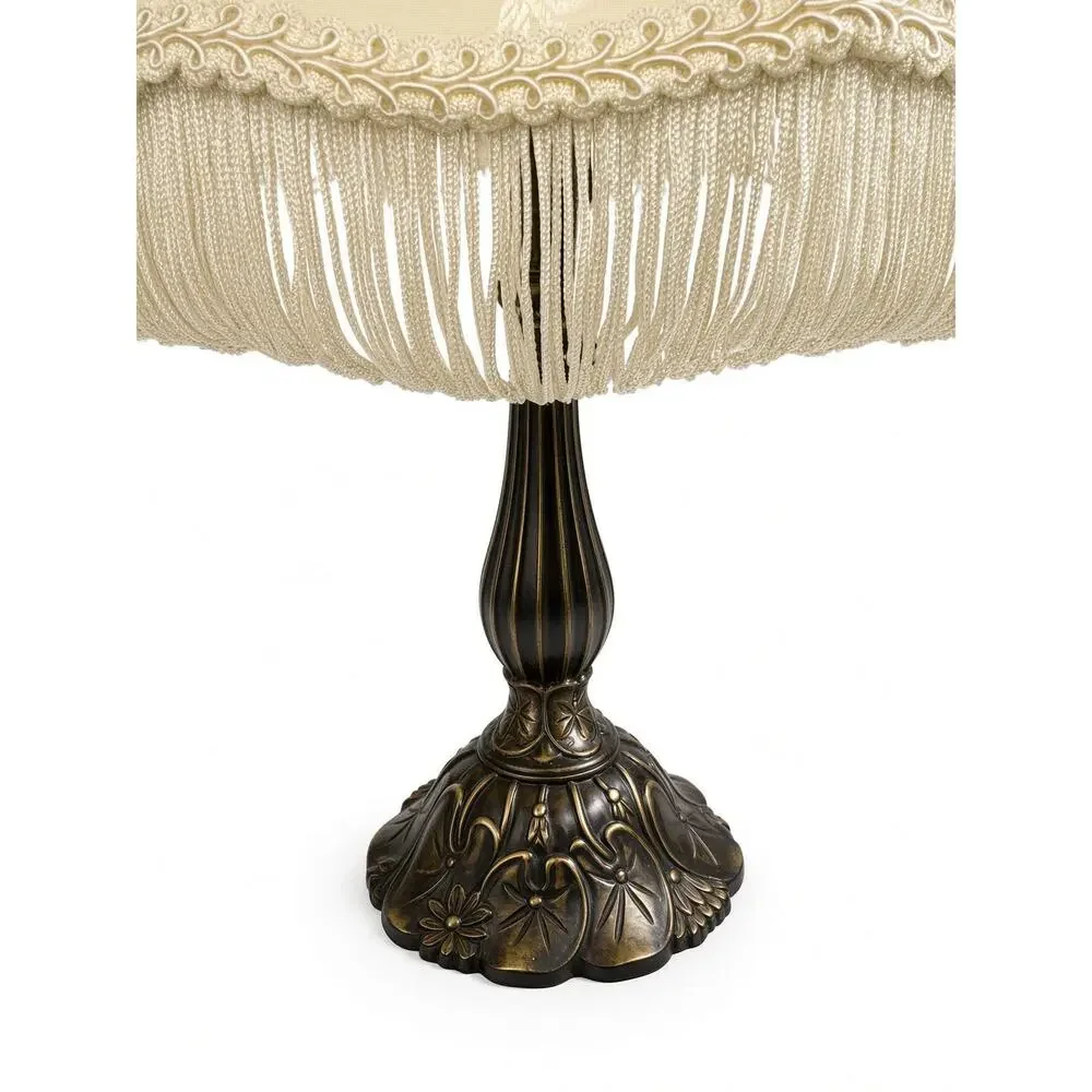 Vintage 1950s Style Brass Table Lamp, Floral Relief Base, Cream Fringed Shade
